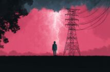 A lone person stands in front of a tall power line tower at dusk, with a bright lightning bolt and dramatic pink and gray sky in the background, silhouetted trees framing the scene.