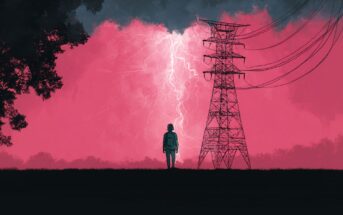 A lone person stands in front of a tall power line tower at dusk, with a bright lightning bolt and dramatic pink and gray sky in the background, silhouetted trees framing the scene.