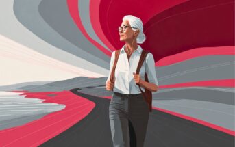 An older woman with white hair, glasses, and a backpack walks confidently along a curving road, with abstract red, gray, and white swirls in the sky behind her.