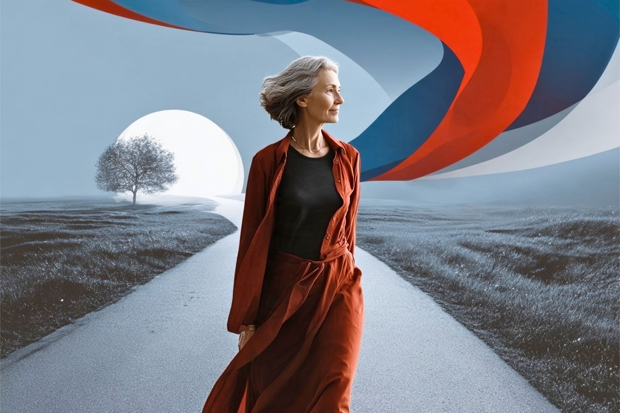 A woman with gray hair in a rust-colored dress walking along a road toward a large sun and a stylized red and blue ribbon.