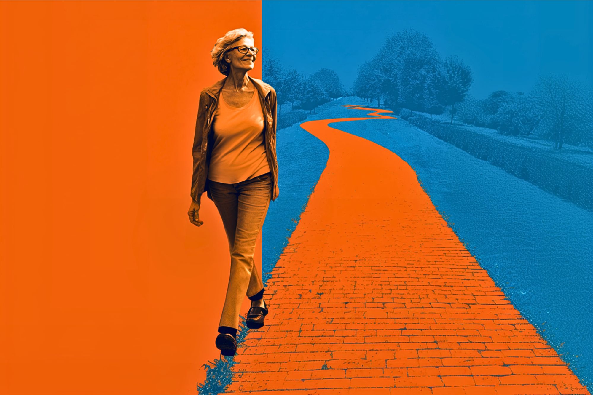 An older woman wearing glasses and a jacket walks confidently along a brightly colored, winding brick path that stretches into the distance, with an orange and blue color scheme dominating the image.