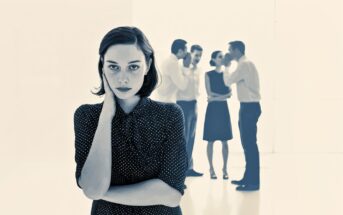 A woman in the foreground looks serious and isolated, while four people in the background stand in pairs, talking and whispering to each other. The scene suggests feelings of exclusion or loneliness.