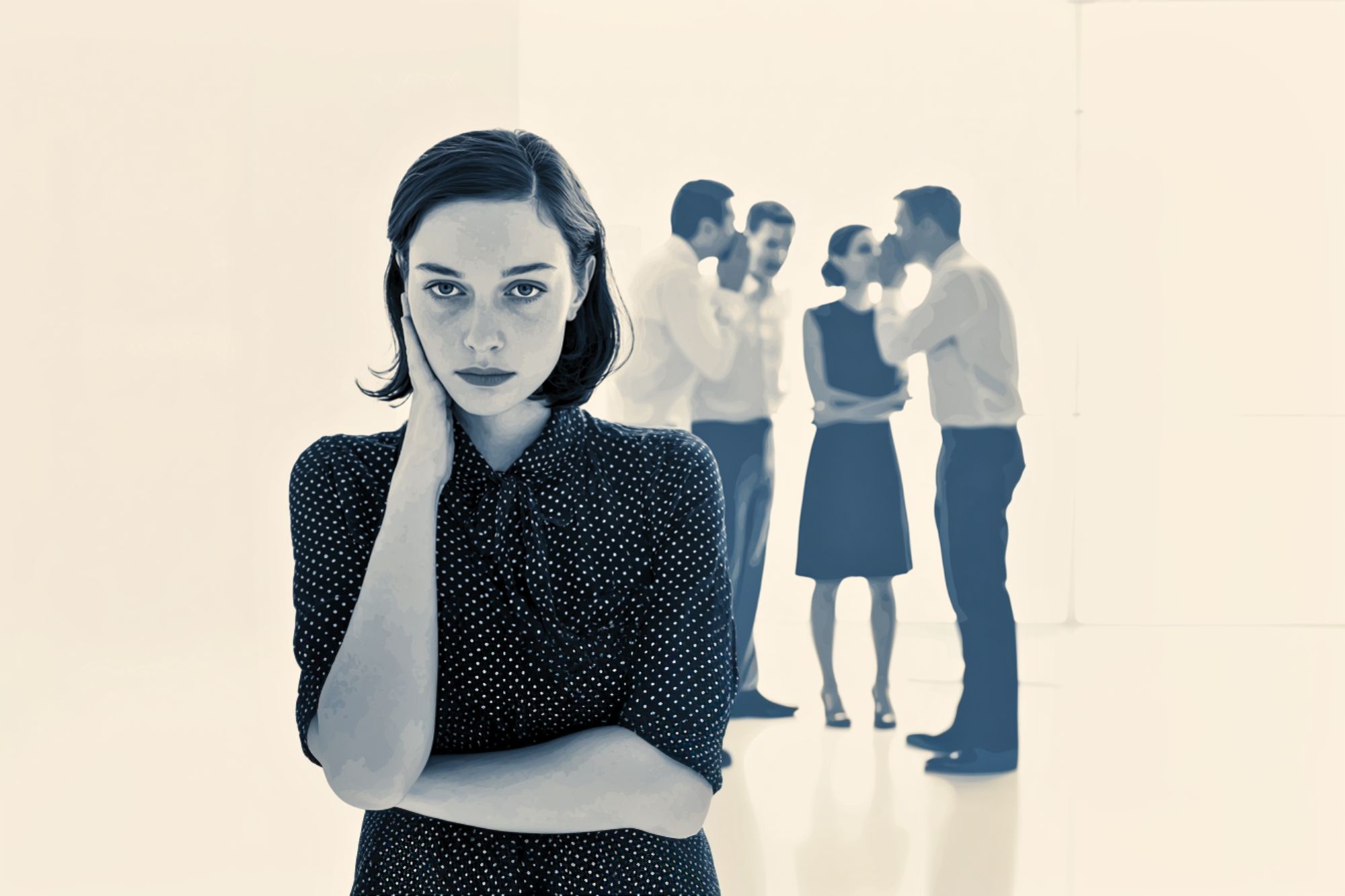 A woman in the foreground looks serious and isolated, while four people in the background stand in pairs, talking and whispering to each other. The scene suggests feelings of exclusion or loneliness.