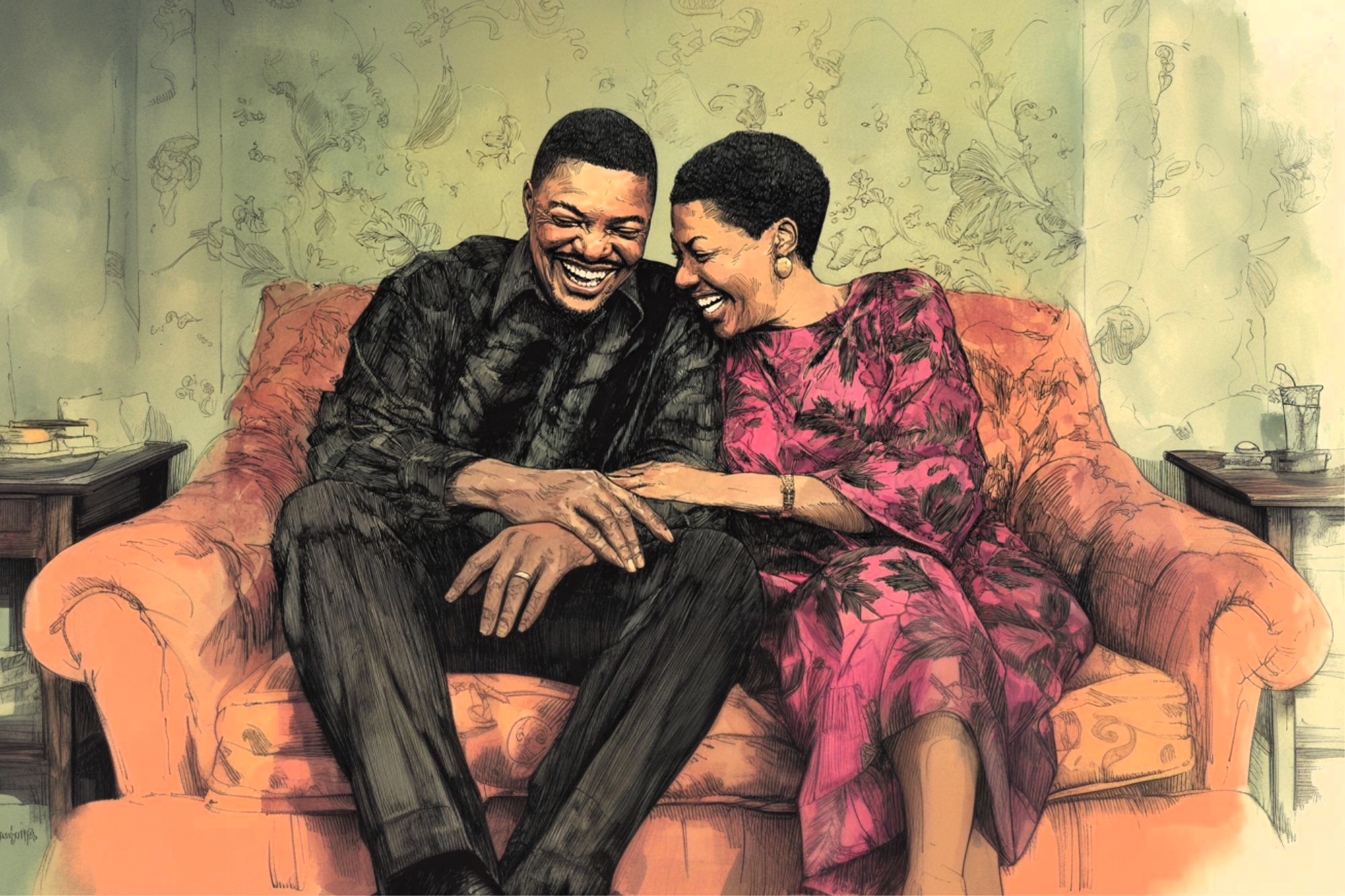 A joyful couple sits close together on an orange sofa, laughing and holding hands. The man wears a dark shirt and the woman wears a bright floral dress. They appear happy and relaxed in a cozy living room.