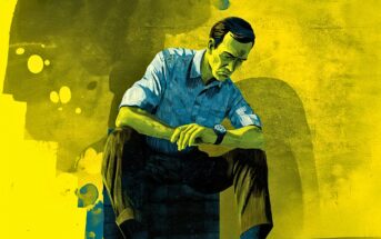A digital illustration of a man sitting on a box, looking down at his wristwatch with a serious expression. The image uses blue and yellow tones, with abstract shapes in the background.