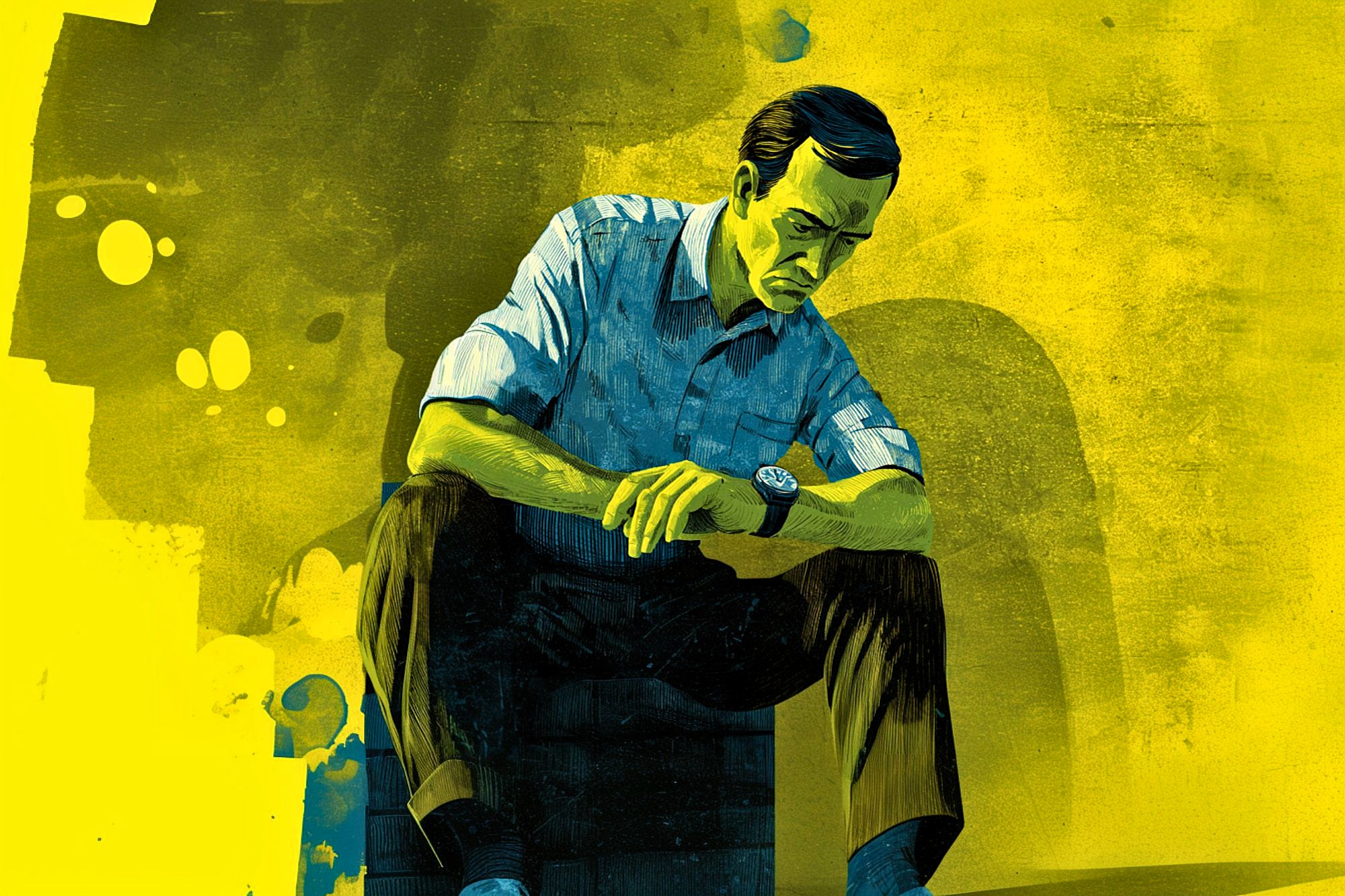 A digital illustration of a man sitting on a box, looking down at his wristwatch with a serious expression. The image uses blue and yellow tones, with abstract shapes in the background.