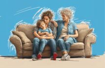 Three generations—a child, a young woman, and an elderly woman—sit closely together on a couch against a blue background. The child rests on the young woman’s lap as the elderly woman gently touches her shoulder.