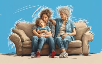 Three generations—a child, a young woman, and an elderly woman—sit closely together on a couch against a blue background. The child rests on the young woman’s lap as the elderly woman gently touches her shoulder.
