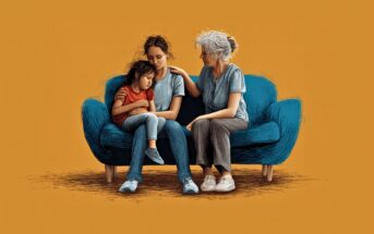 Three people sit together on a blue couch against an orange background: an older woman comforts a younger woman and a child, all appearing thoughtful and supportive.