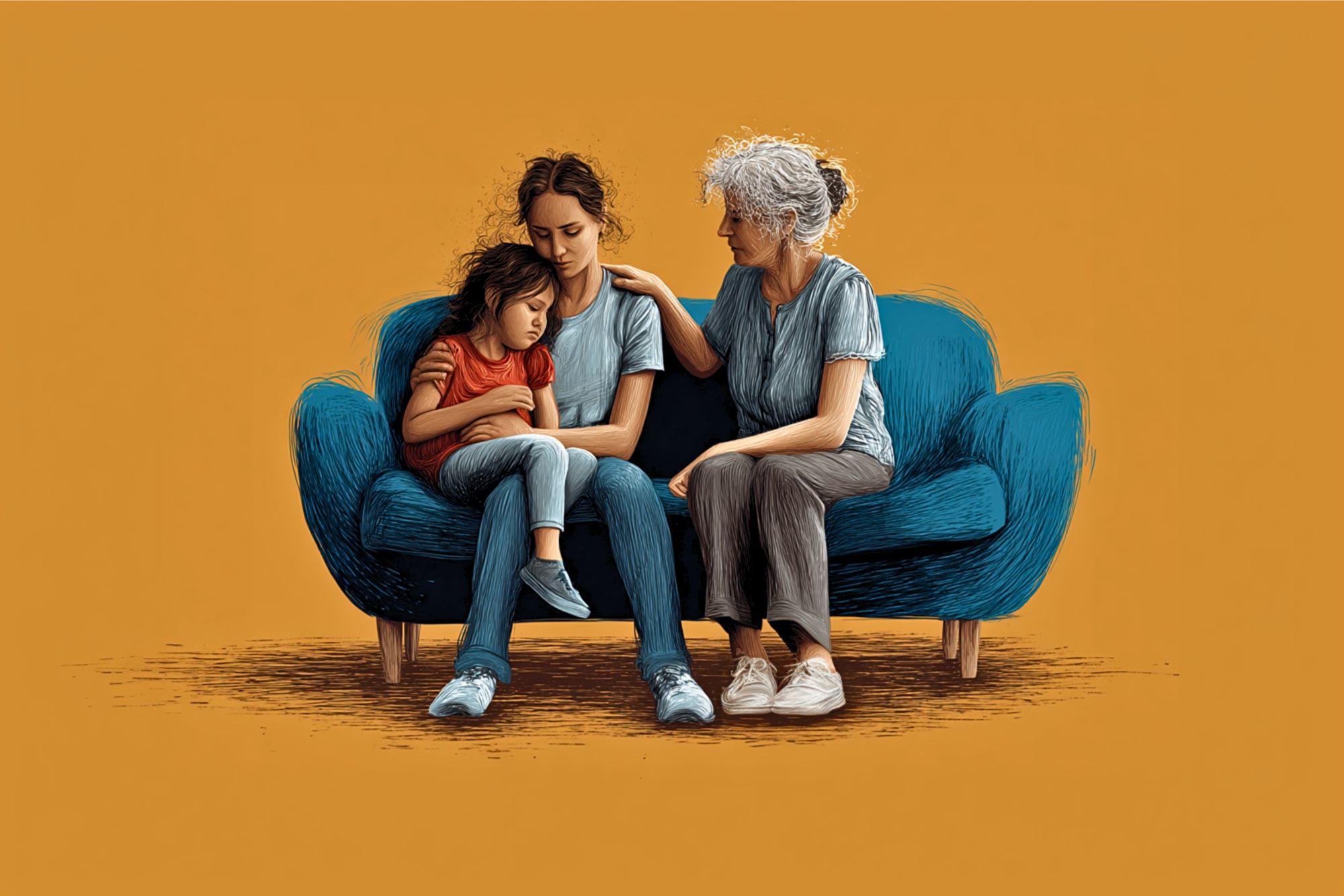 Three people sit together on a blue couch against an orange background: an older woman comforts a younger woman and a child, all appearing thoughtful and supportive.