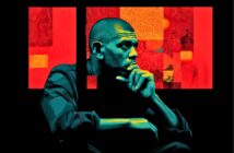 A man sits pensively with his hand on his chin, rendered in blue-green tones, against a vibrant red and orange abstract background featuring fingerprint patterns and geometric shapes.