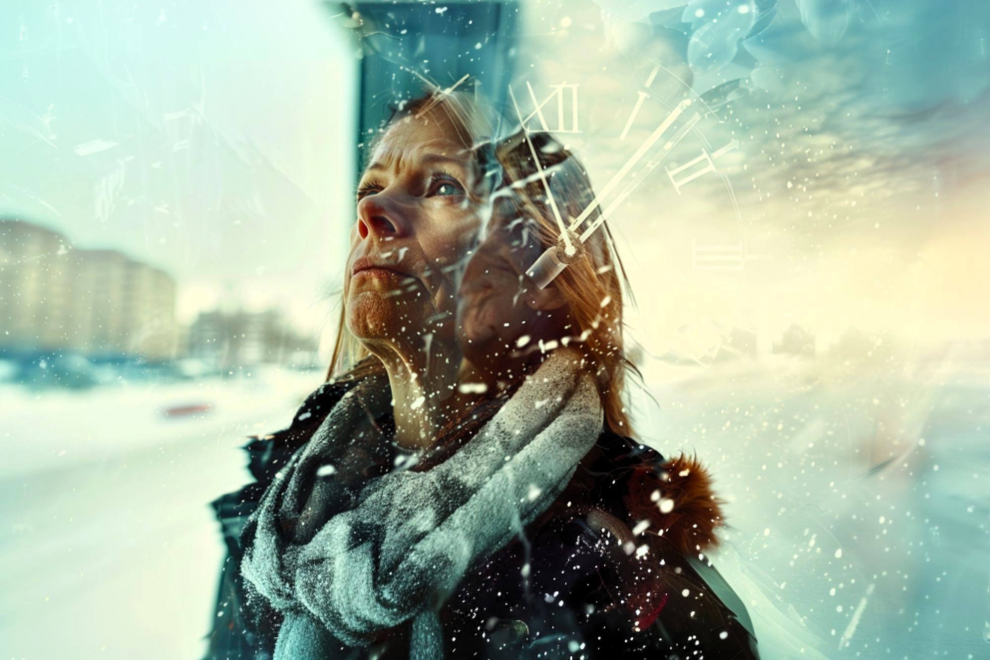 A woman wearing a scarf and coat looks up thoughtfully in a snowy environment. Her double-exposed face, overlayed with floating clock numerals and shards, creates a surreal, dreamlike effect with a hint of passing time.