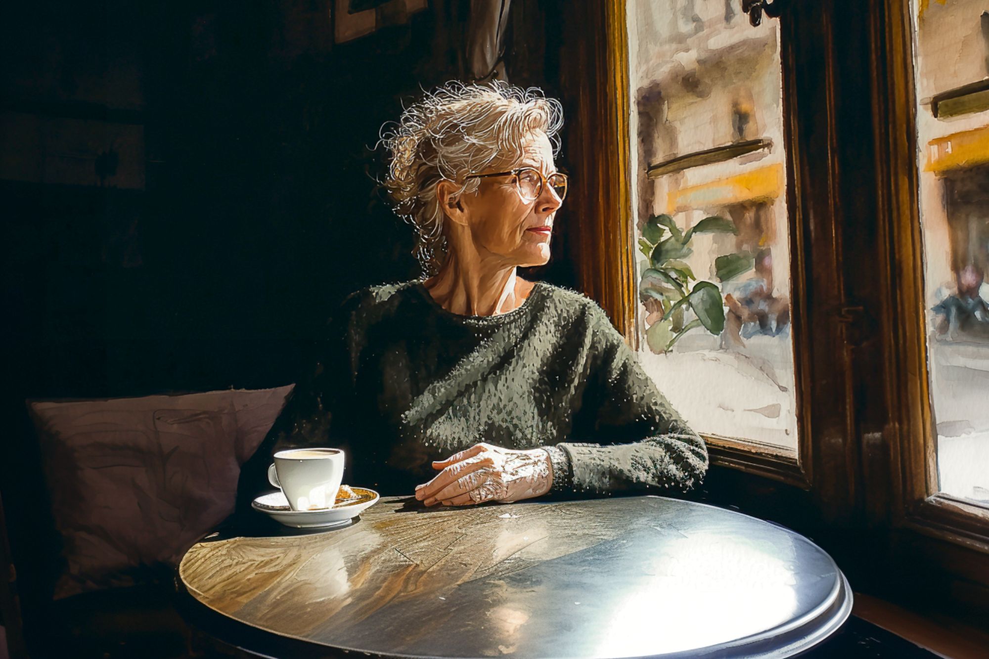 An older woman with gray curly hair and glasses sits at a round table by a window, holding a cup of coffee and gazing outside. Warm sunlight illuminates her face and the cozy café interior.
