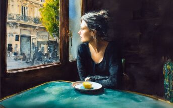A woman with dark hair sits at a table with a cup, gazing out a window at a lively city street with sunlight and historic buildings.