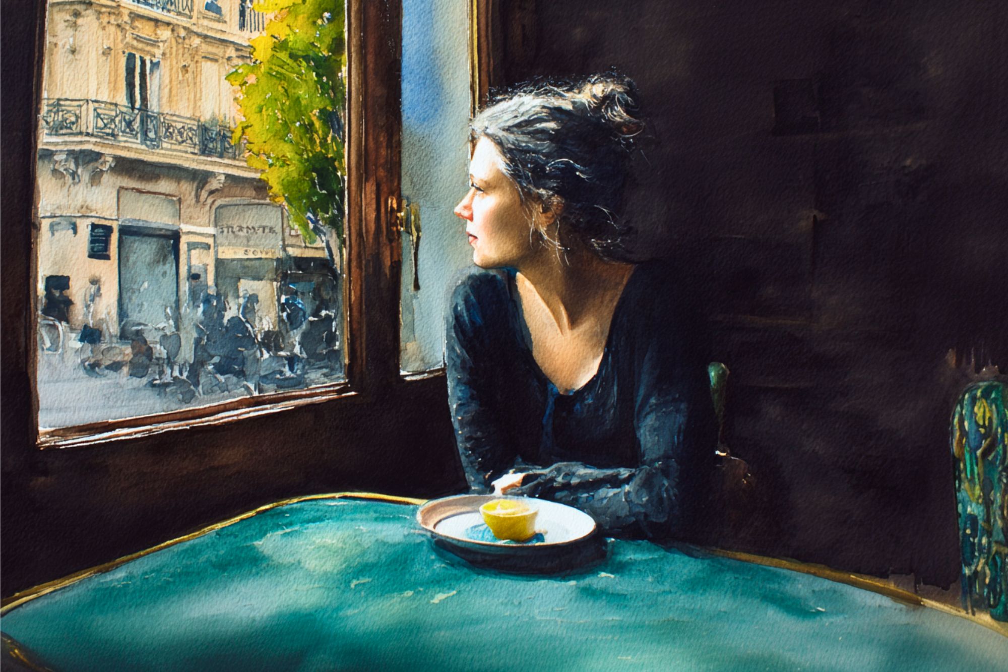 A woman with dark hair sits at a table with a cup, gazing out a window at a lively city street with sunlight and historic buildings.