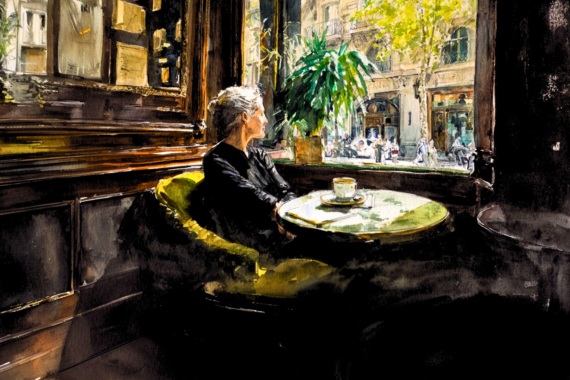 An elderly woman sits alone at a small round table by a sunlit window in a café, gazing outside. A coffee cup sits in front of her, and sunlight streams through the window, illuminating her and the green plant nearby.