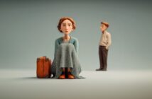 A sad animated woman sits on the floor with a suitcase, wrapped in a blanket, while a man stands in the blurred background facing away. The scene suggests emotional distance or a farewell.