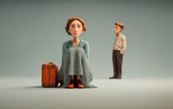 A sad animated woman sits on the floor with a suitcase, wrapped in a blanket, while a man stands in the blurred background facing away. The scene suggests emotional distance or a farewell.