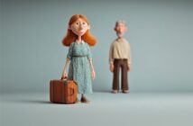 A sad-looking animated woman with glasses and red hair stands with a suitcase, while an older man stands blurred in the background against a plain backdrop.