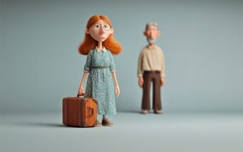 A sad-looking animated woman with glasses and red hair stands with a suitcase, while an older man stands blurred in the background against a plain backdrop.