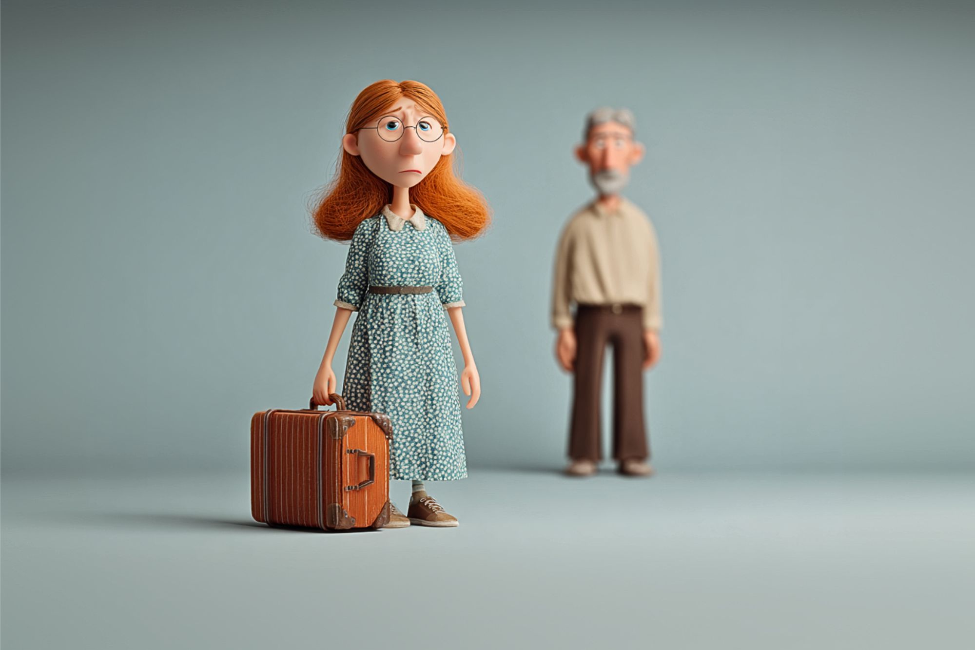 A sad-looking animated woman with glasses and red hair stands with a suitcase, while an older man stands blurred in the background against a plain backdrop.