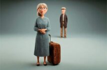 An elderly woman with a suitcase stands in the foreground, while an elderly man in a cap stands in the background.