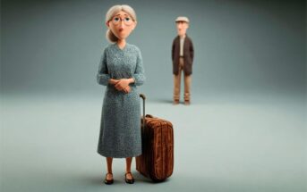 An elderly woman with a suitcase stands in the foreground, while an elderly man in a cap stands in the background.