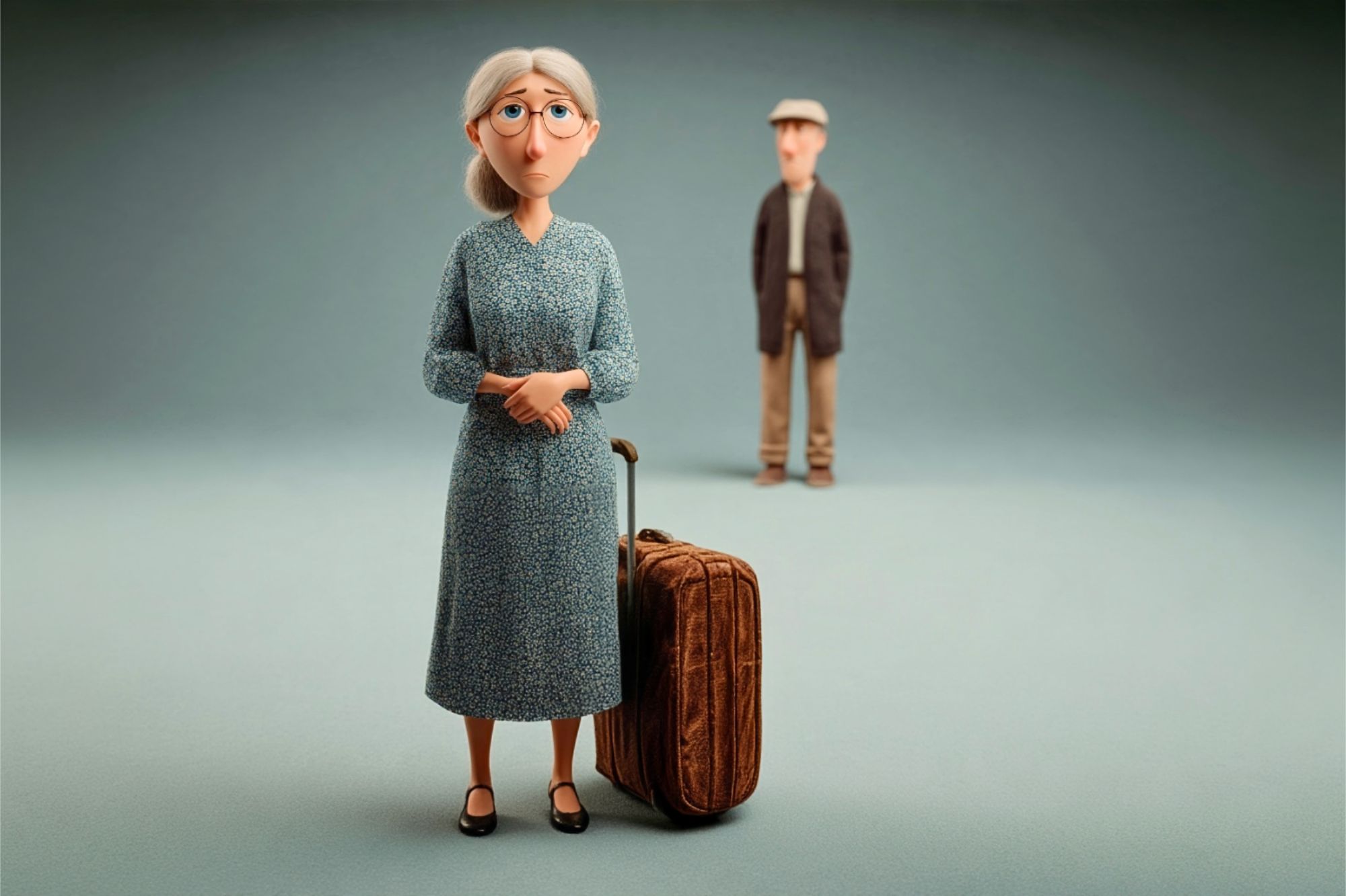An elderly woman with a suitcase stands in the foreground, while an elderly man in a cap stands in the background.