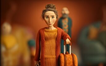 A claymation-style woman with gray hair in a bun, wearing an orange dress and cardigan, stands holding a suitcase. She looks concerned. Blurry figures and a couch are seen in the orange-toned background.