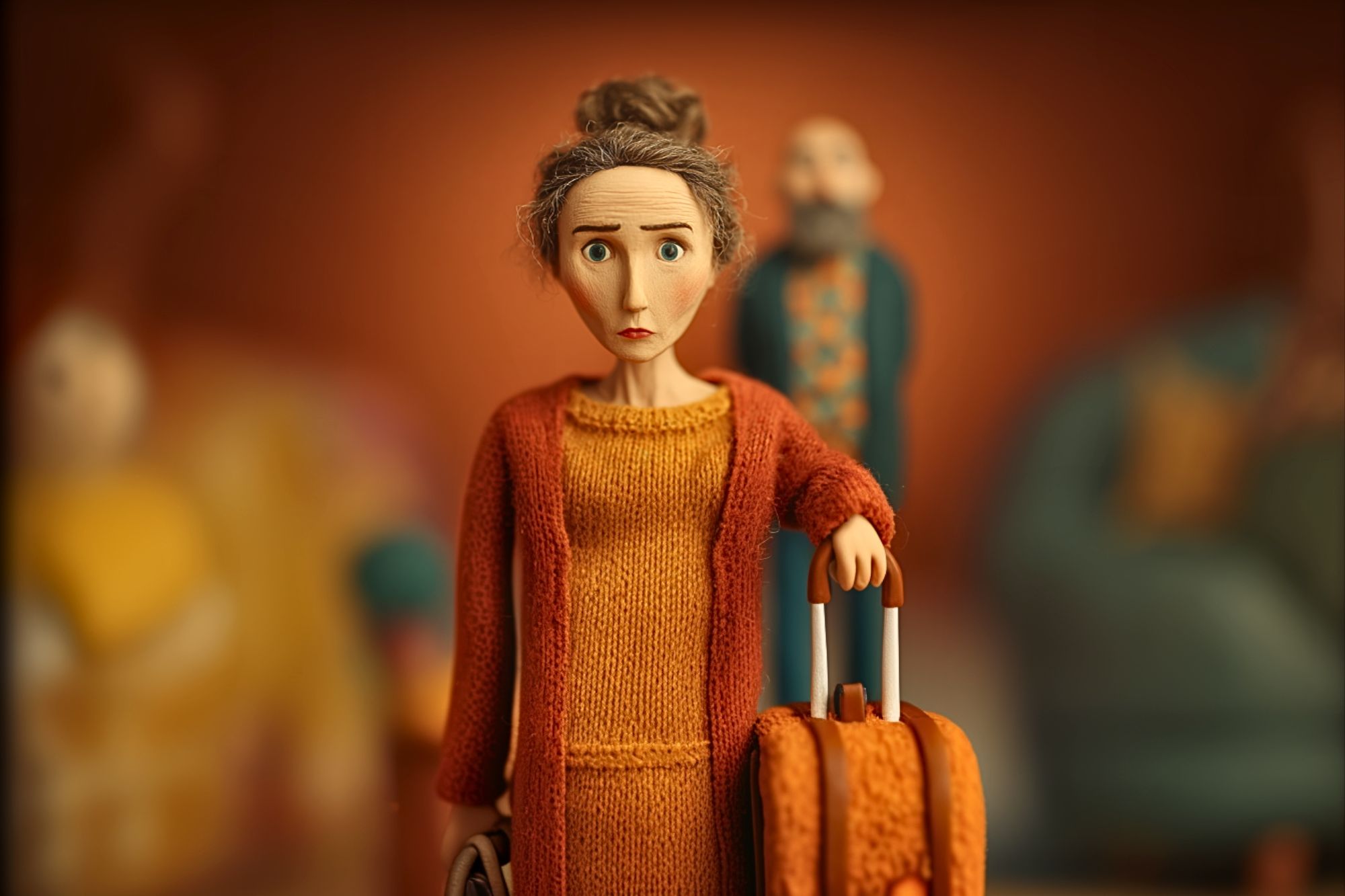 A claymation-style woman with gray hair in a bun, wearing an orange dress and cardigan, stands holding a suitcase. She looks concerned. Blurry figures and a couch are seen in the orange-toned background.