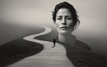 A person walks alone on a winding path through a misty landscape, with the large, grayscale face of a woman superimposed in the background, evoking a reflective or dreamlike mood.