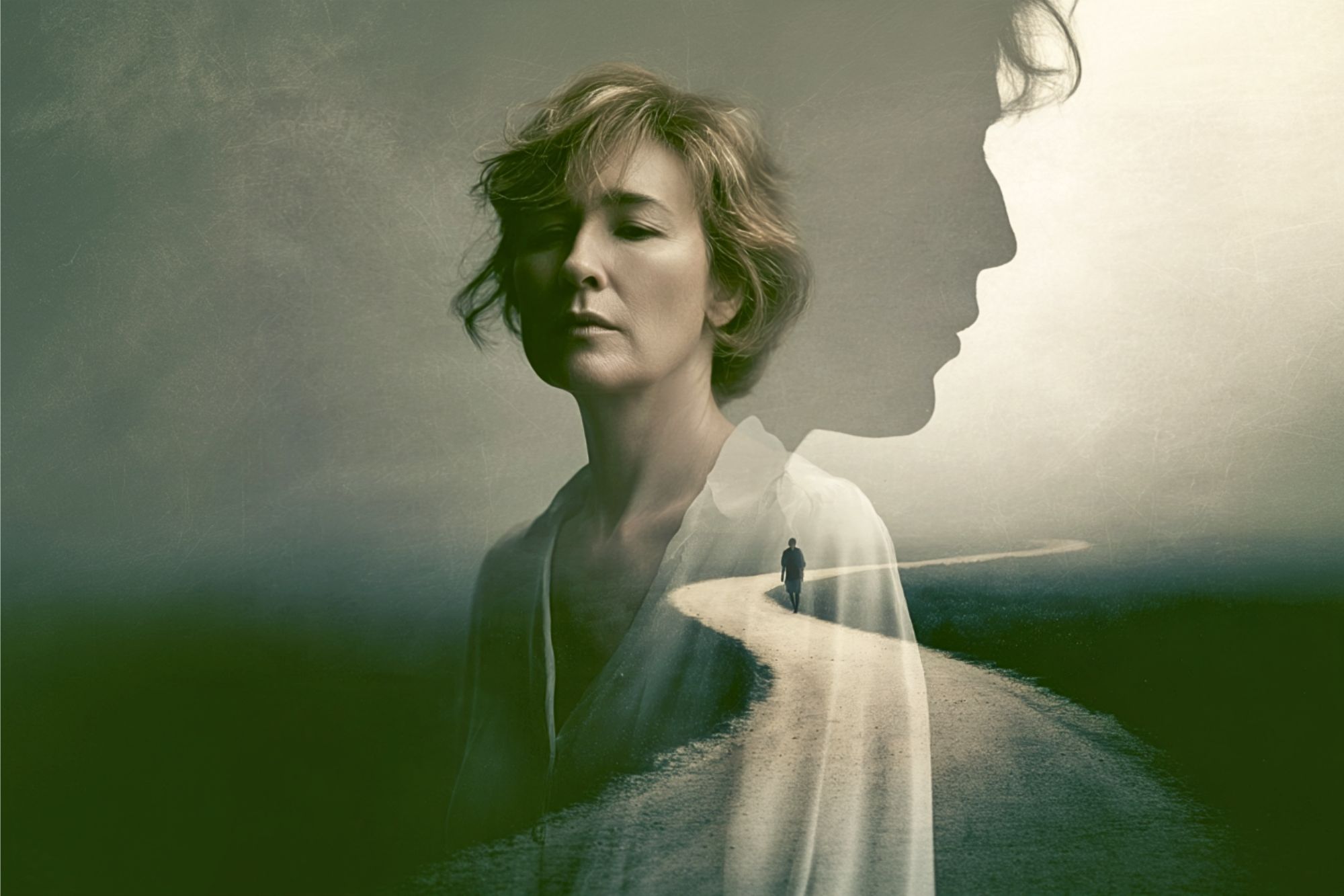 A woman with closed eyes is superimposed with a translucent profile of another person. A winding path with a small figure walking is visible through the silhouettes, evoking a reflective and dreamy mood.