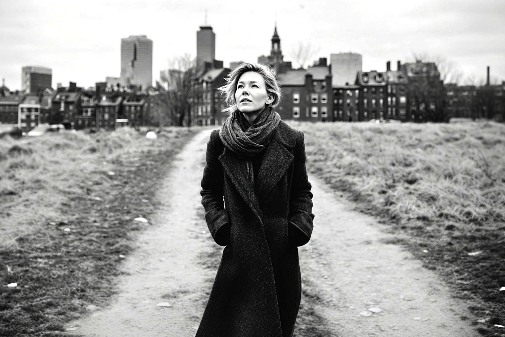 A woman in a long dark coat and scarf walks on a dirt path with her hands in her pockets, looking up. The background features city buildings and a cloudy sky. The image is black and white.