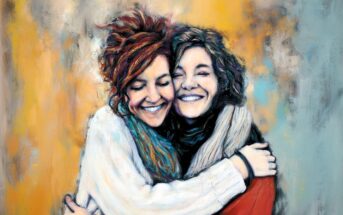 Two women with curly hair are smiling and hugging each other warmly. Both are wearing cozy sweaters and scarves. The background is a blend of soft, abstract yellow and gray tones, giving the image a painted, artistic feel.