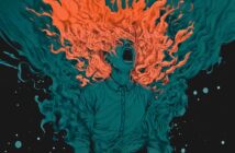 A person screams with their head thrown back as fiery, abstract orange and teal flames erupt from their head, blending into swirling shapes against a dark background.