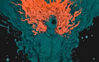 A person screams with their head thrown back as fiery, abstract orange and teal flames erupt from their head, blending into swirling shapes against a dark background.