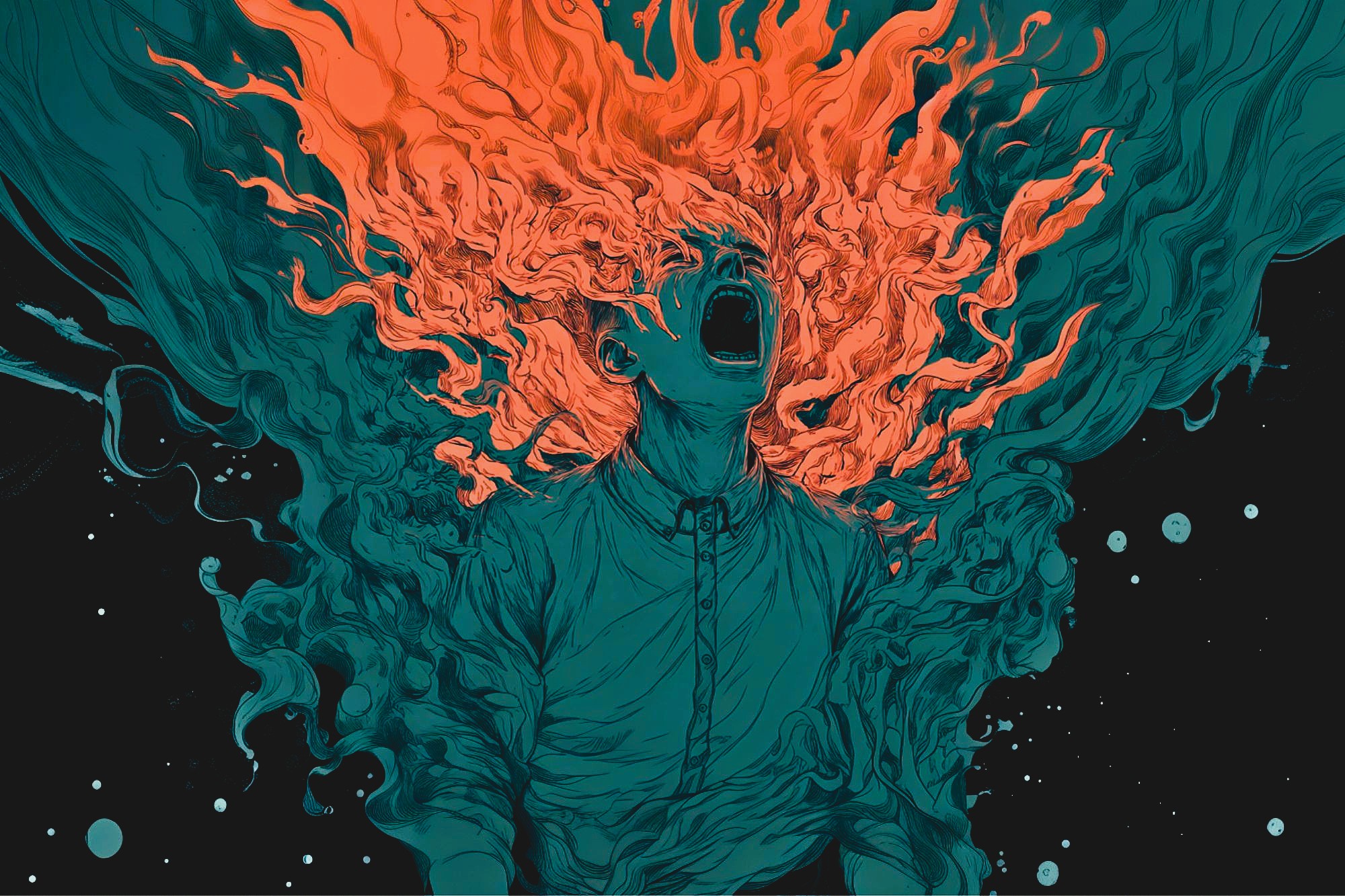 A person screams with their head thrown back as fiery, abstract orange and teal flames erupt from their head, blending into swirling shapes against a dark background.