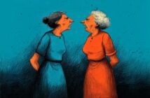 Two elderly women stand facing each other, appearing to argue. One wears a blue dress and has dark hair in a bun; the other wears an orange dress and has curly white hair. The background is a textured blue.
