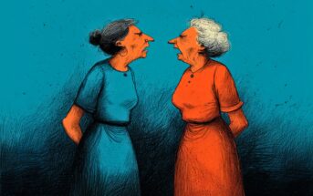 Two elderly women stand facing each other, appearing to argue. One wears a blue dress and has dark hair in a bun; the other wears an orange dress and has curly white hair. The background is a textured blue.