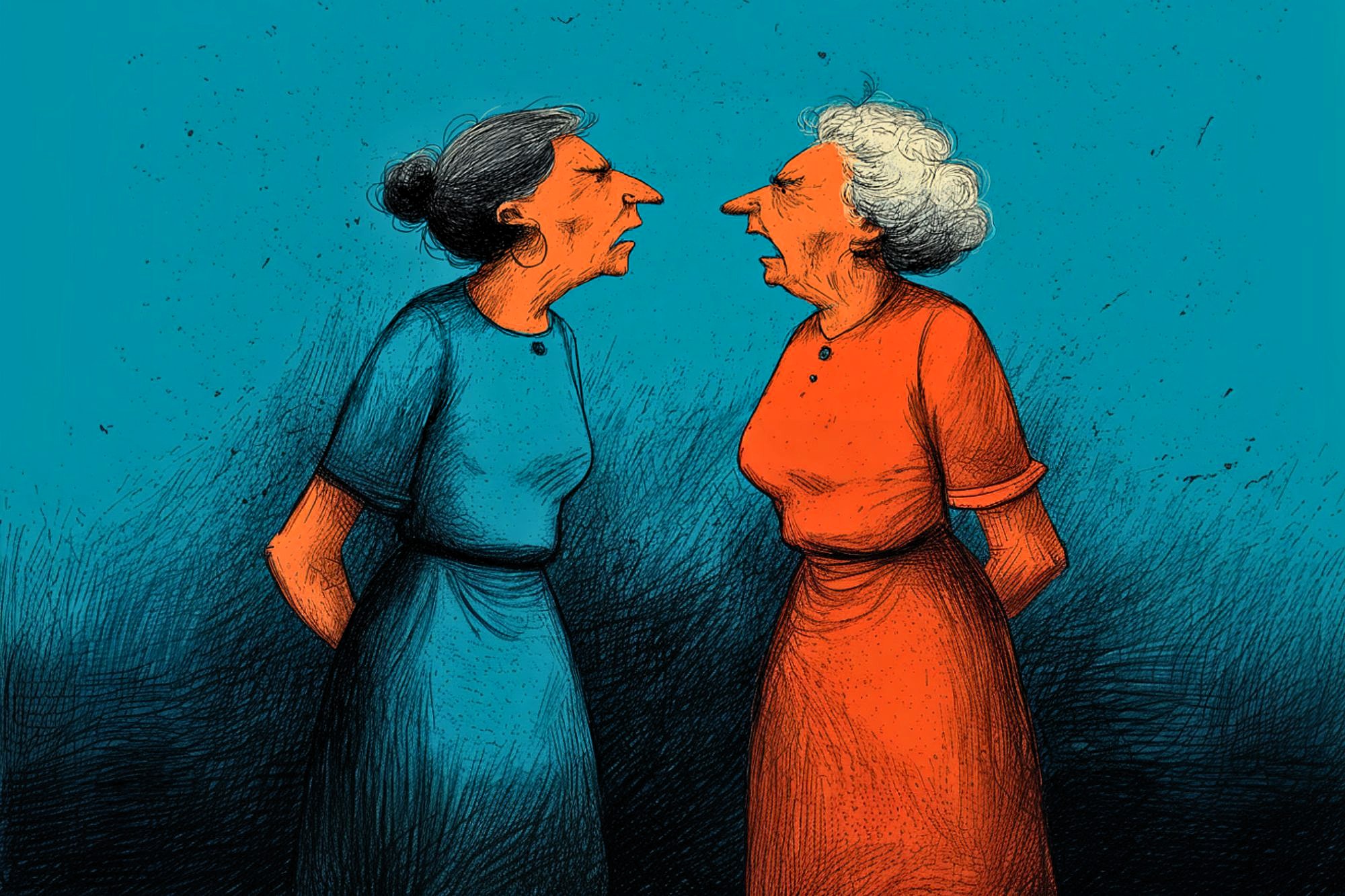 Two elderly women stand facing each other, appearing to argue. One wears a blue dress and has dark hair in a bun; the other wears an orange dress and has curly white hair. The background is a textured blue.