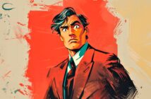 A surprised man in a suit with tousled hair is illustrated in a bold, vibrant comic book style against a red and beige abstract background.