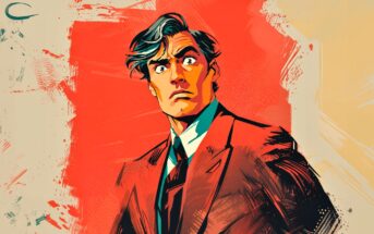 A surprised man in a suit with tousled hair is illustrated in a bold, vibrant comic book style against a red and beige abstract background.