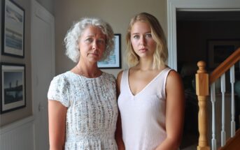 Two women, one older with curly gray hair and one younger with straight blonde hair, stand side by side indoors near stairs, both looking seriously at the camera. Framed photos hang on the wall behind them.