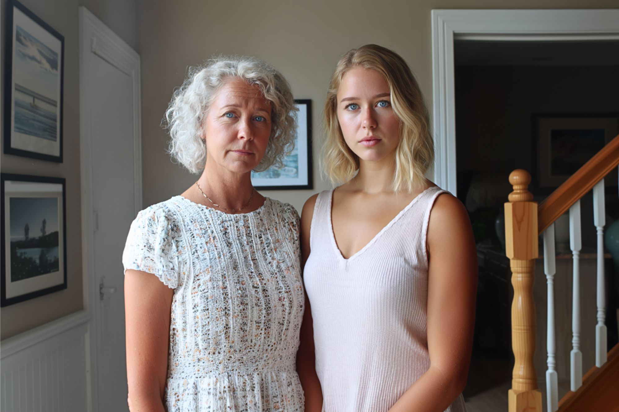 Two women, one older with curly gray hair and one younger with straight blonde hair, stand side by side indoors near stairs, both looking seriously at the camera. Framed photos hang on the wall behind them.