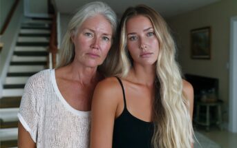 Two women with long blonde hair pose for a portrait.