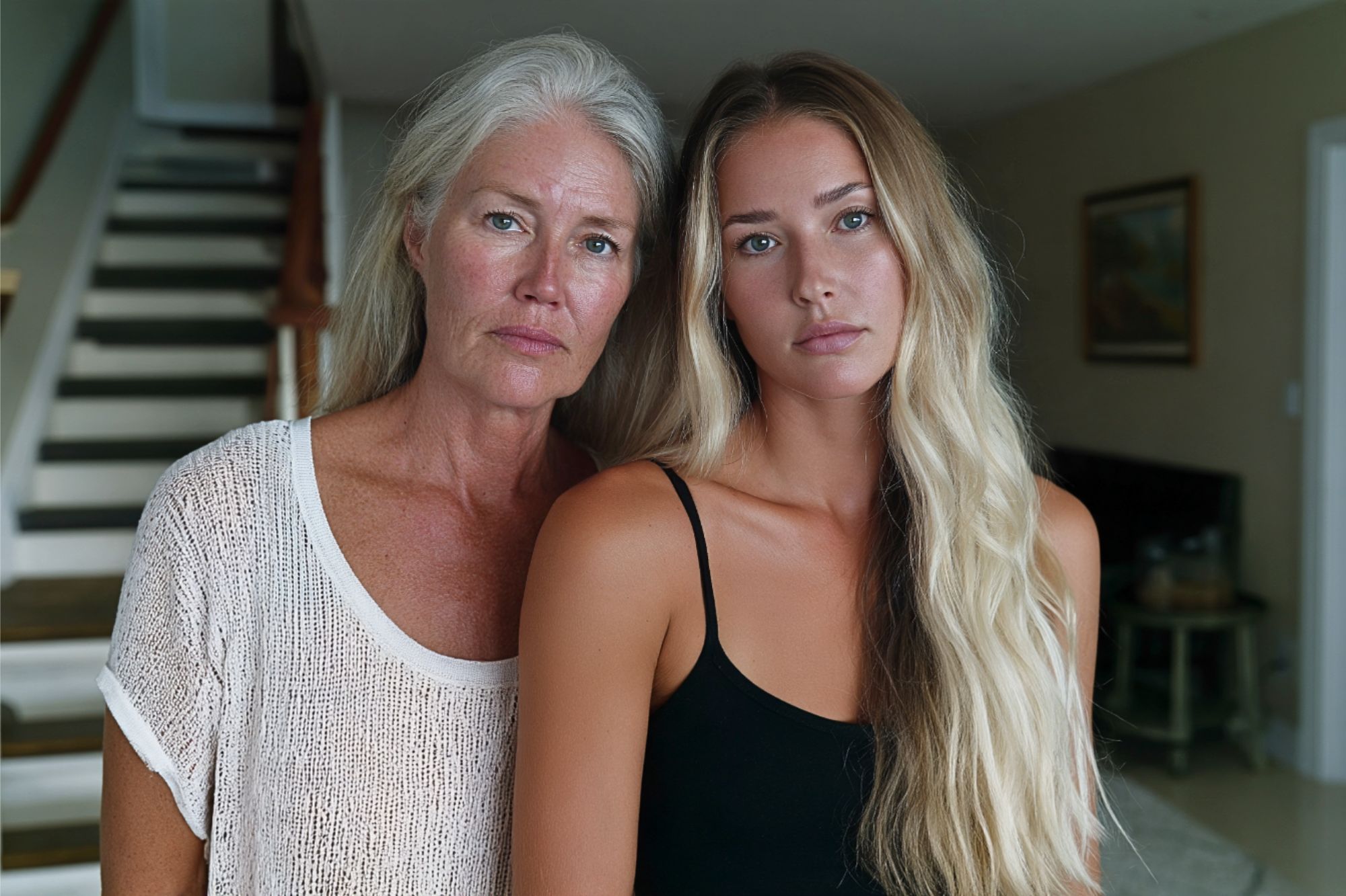 Two women with long blonde hair pose for a portrait.