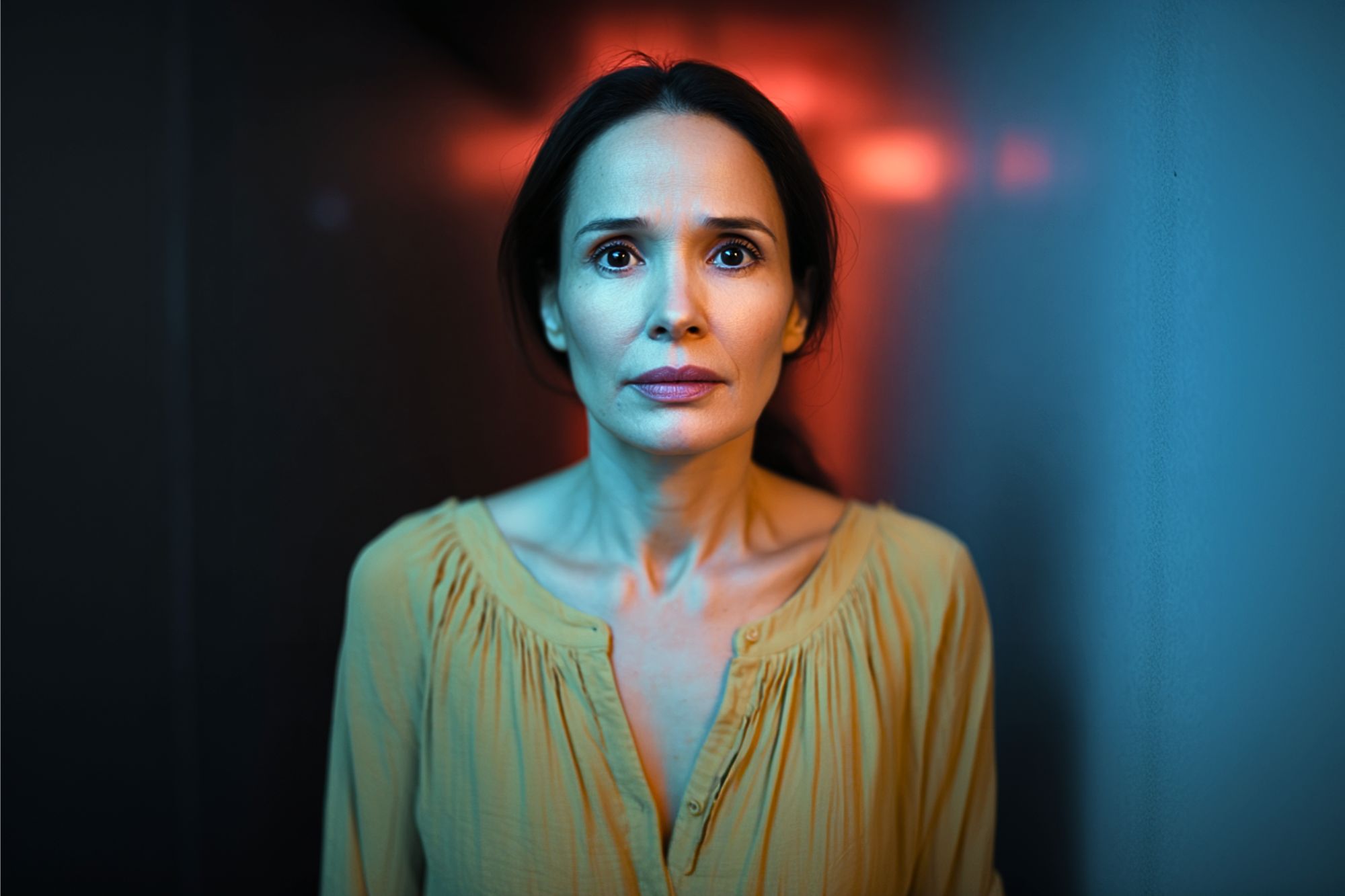 A woman with long brown hair wearing a yellow blouse stands in a dimly lit hallway, looking forward with a concerned expression. Blue and red lighting creates a dramatic atmosphere around her.