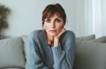 A woman with brown hair and bangs, wearing a gray sweater, sits on a couch with her chin resting on her hand, looking directly at the camera with a neutral expression. The background is softly lit and minimal.