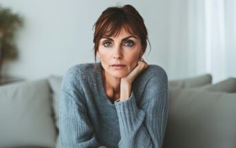 A woman with brown hair and bangs, wearing a gray sweater, sits on a couch with her chin resting on her hand, looking directly at the camera with a neutral expression. The background is softly lit and minimal.