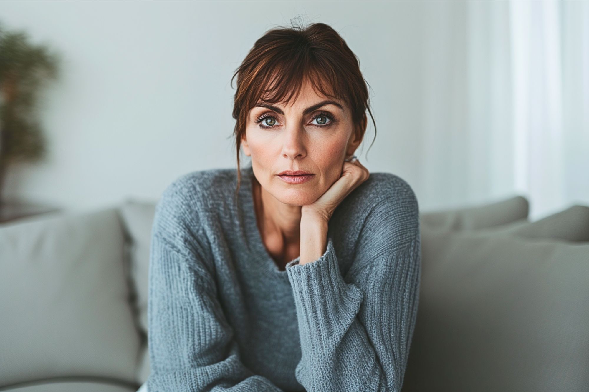 A woman with brown hair and bangs, wearing a gray sweater, sits on a couch with her chin resting on her hand, looking directly at the camera with a neutral expression. The background is softly lit and minimal.